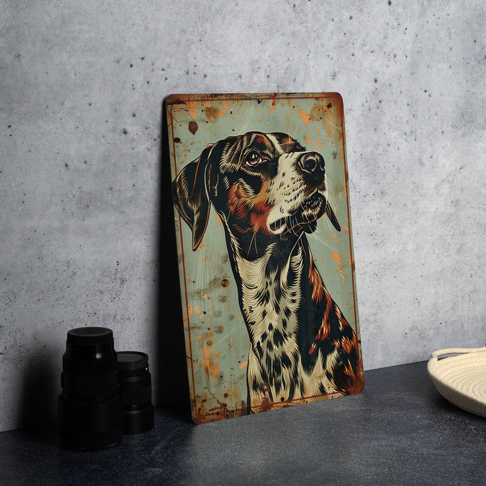 a painting of a dog on a wall next to a plate