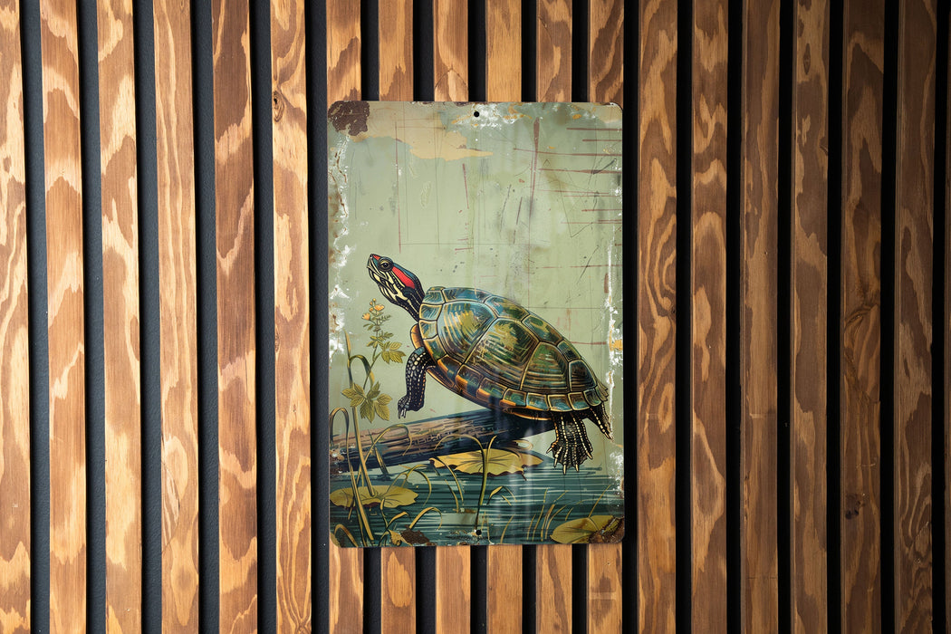 a painting of a turtle on a wooden wall