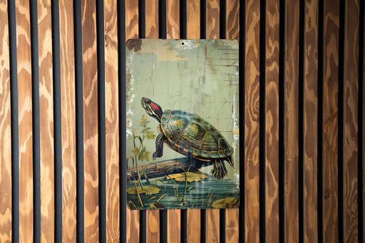 a painting of a turtle on a wooden wall