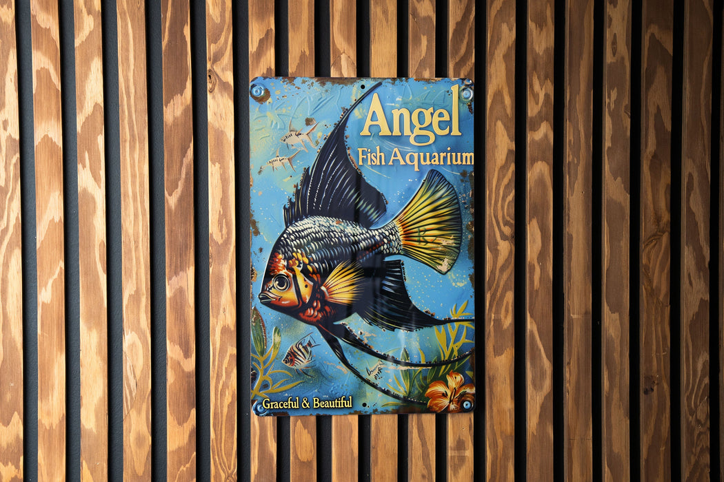 a picture of an angel fish aquarium on a wooden wall