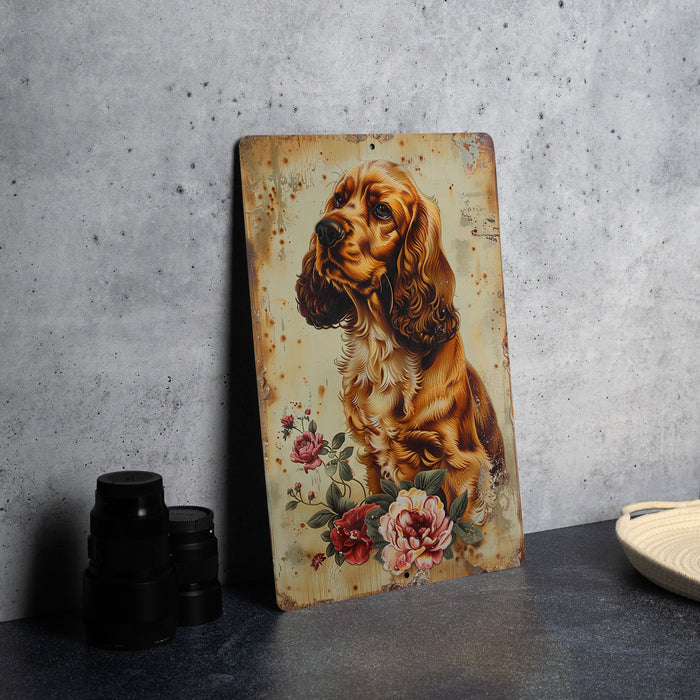 a painting of a dog on a wall next to a plate