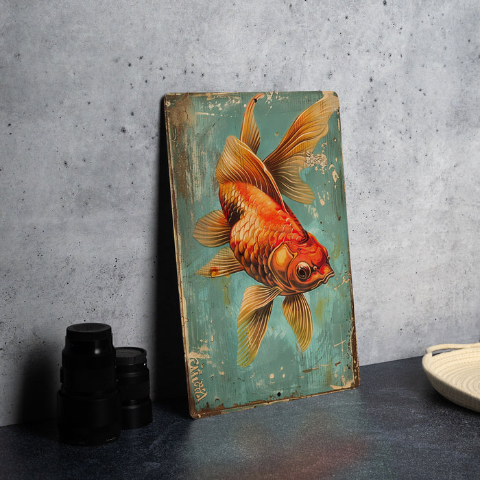 a painting of a goldfish on a blue background