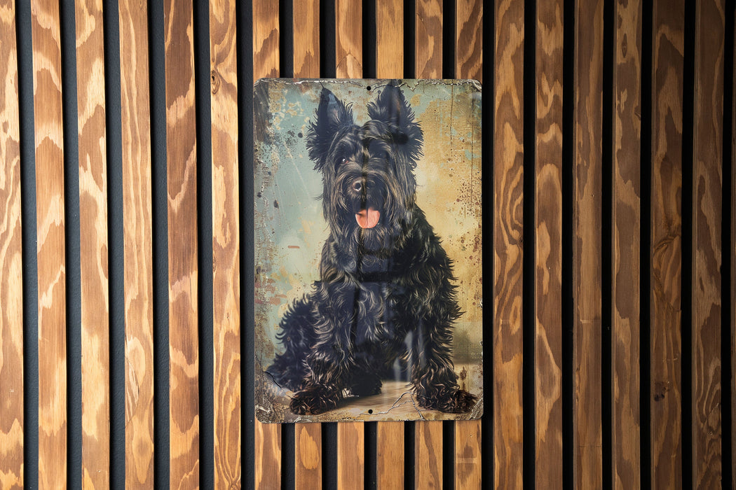 a painting of a black dog on a wooden wall