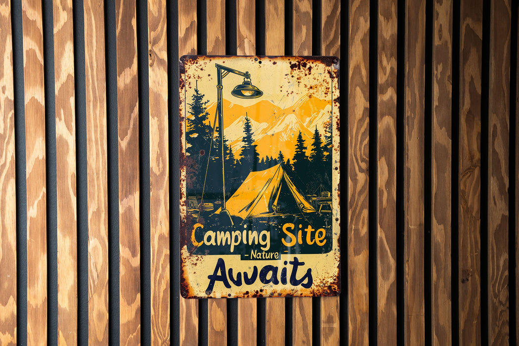a sign on a wooden wall that says camping site awaits