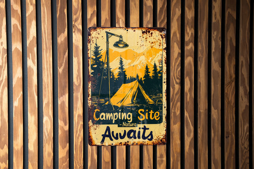 a sign on a wooden wall that says camping site awaits