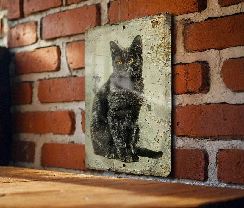 a picture of a black cat on a brick wall