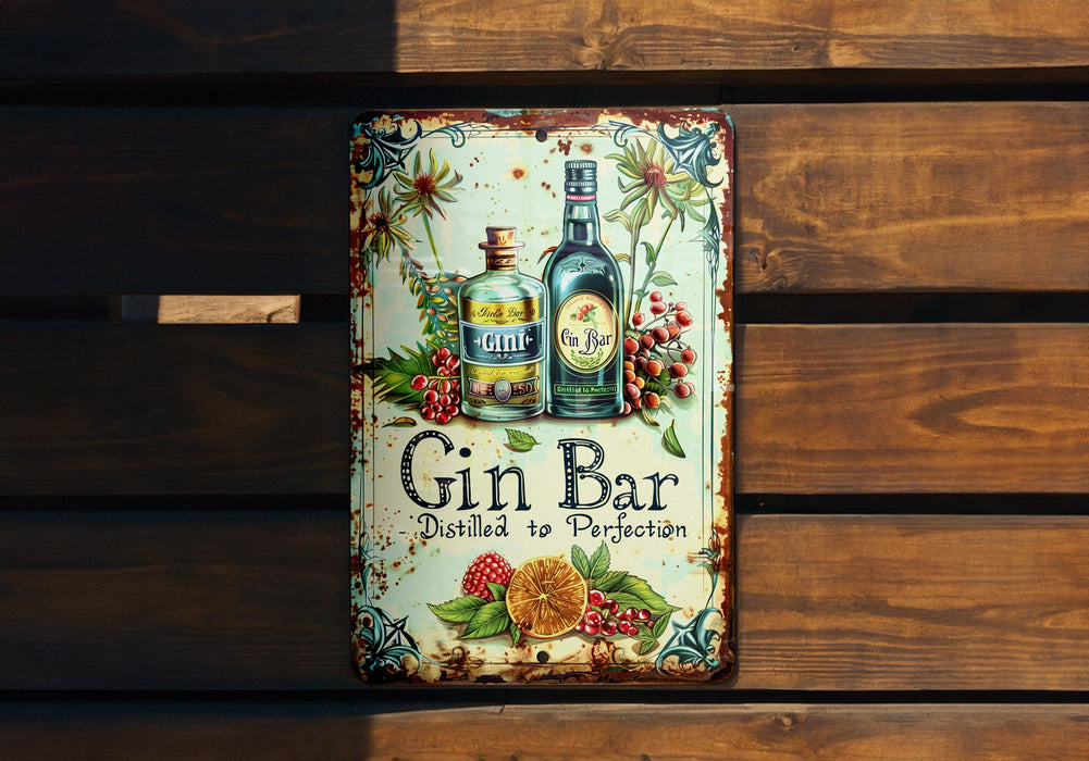 a metal sign with a bottle of gin on it