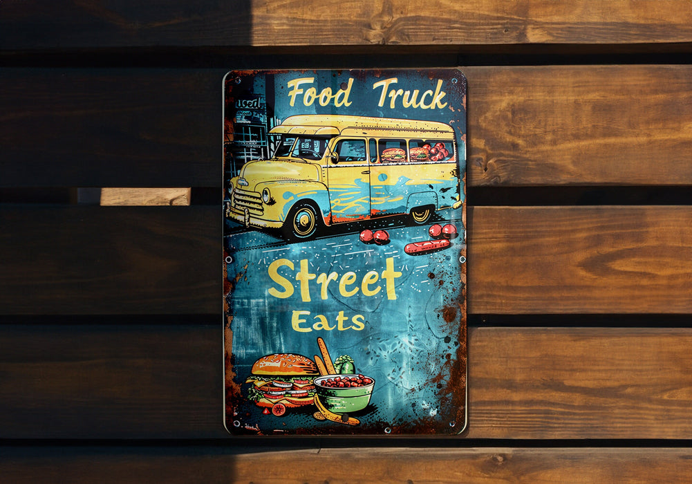 a sign on a wooden bench that says food truck street eats
