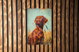 a picture of a dog on a wooden wall
