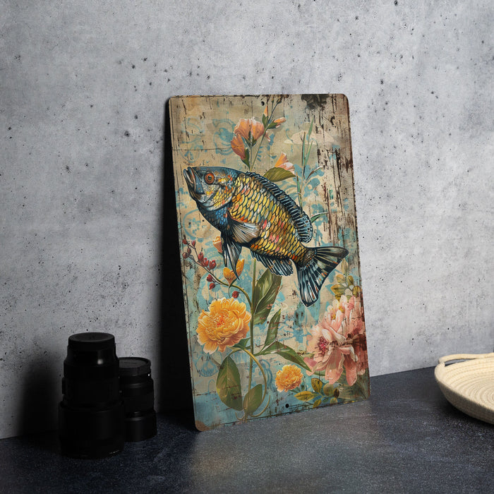 a painting of a fish on a wooden panel