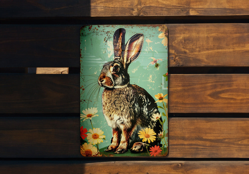 a picture of a rabbit on a wooden bench