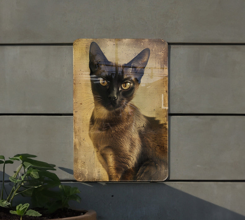 a picture of a cat is hanging on a wall