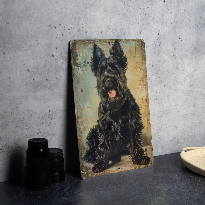 a painting of a black dog with its tongue out
