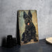 a painting of a black dog with its tongue out