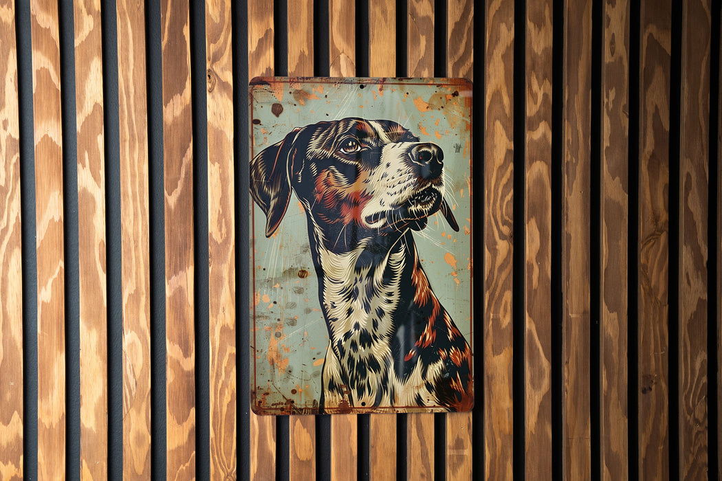 a painting of a dog on a wooden wall