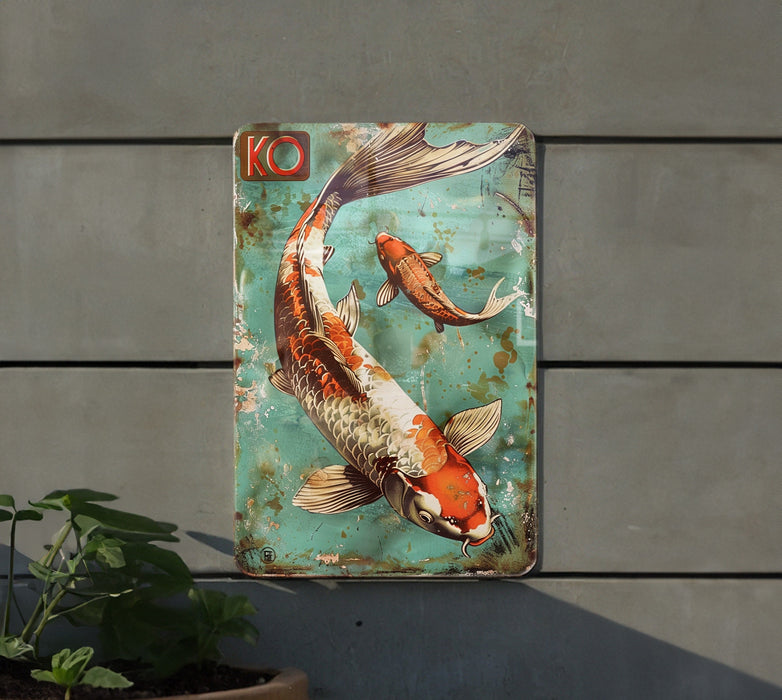 a metal sign with a picture of a koi fish on it