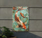 a metal sign with a picture of a koi fish on it