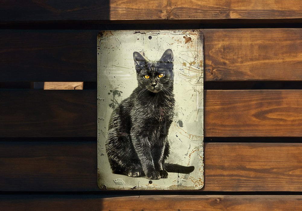 a black cat sitting on top of a wooden bench