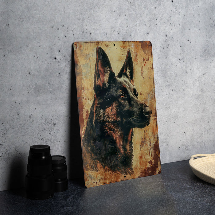 a painting of a german shepherd on a wooden plaque