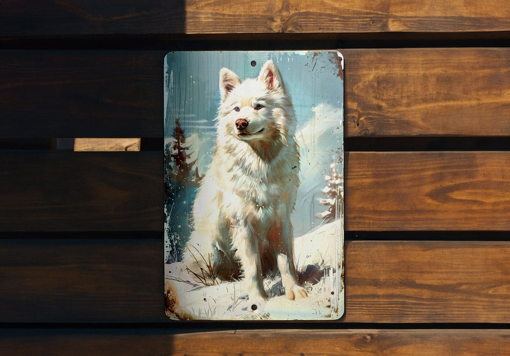 a picture of a white dog on a wooden bench