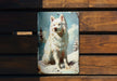 a picture of a white dog on a wooden bench