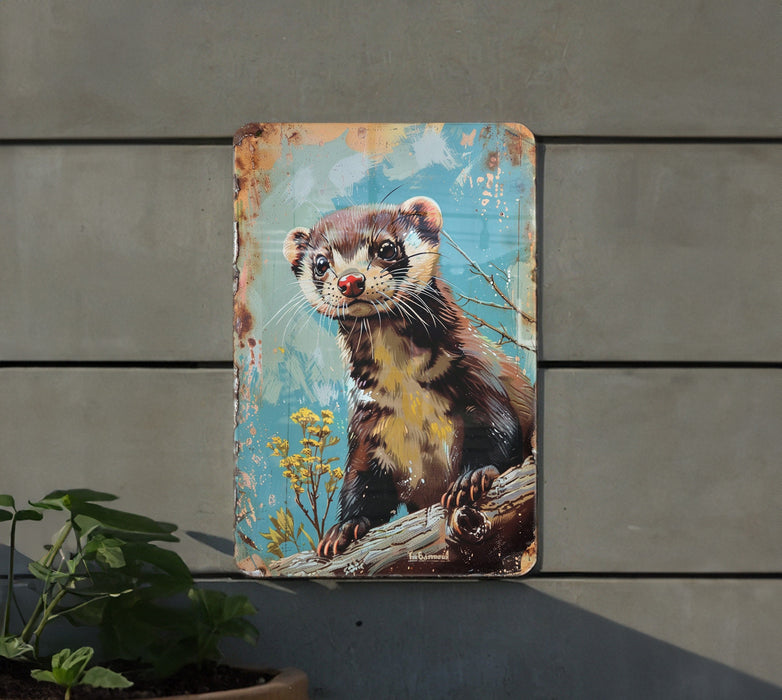 a painting of a ferret on a wall next to a potted plant