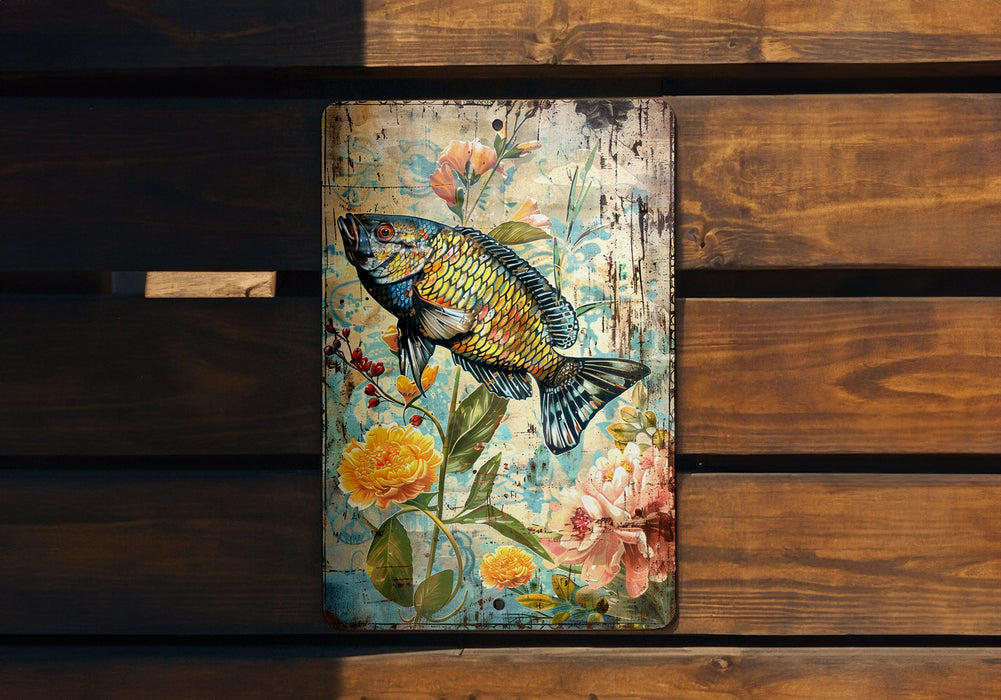 a painting of a fish on a wooden bench