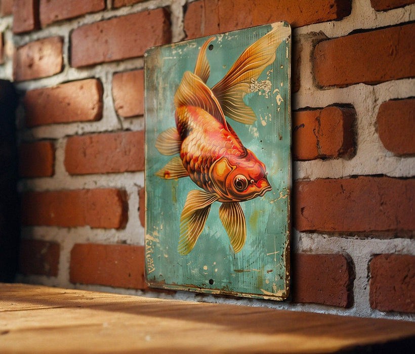 a painting of a goldfish on a brick wall