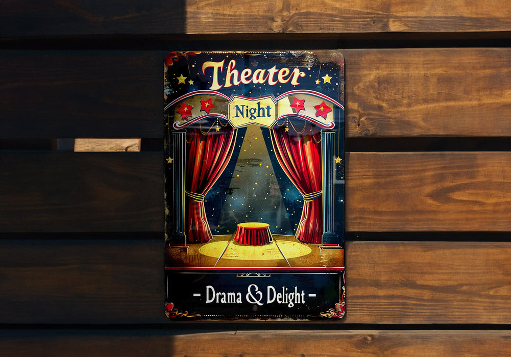 a theater sign hanging on the side of a wooden wall