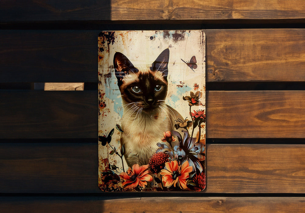 a picture of a siamese cat on a wooden bench