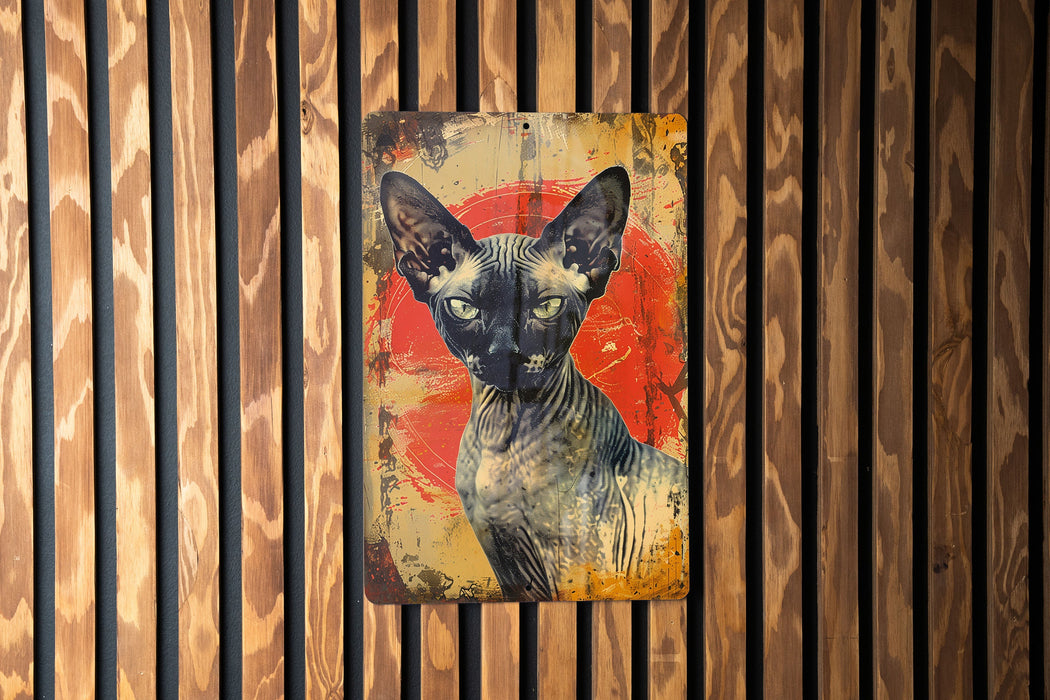 a painting of a cat on a wooden wall