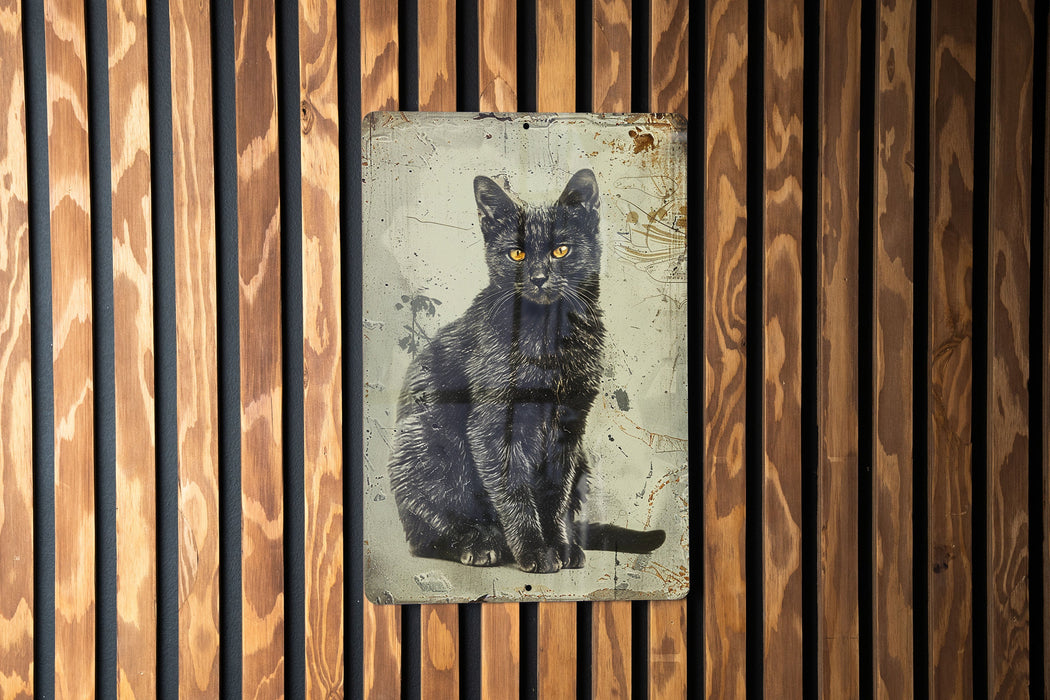 a black cat sitting on top of a wooden wall