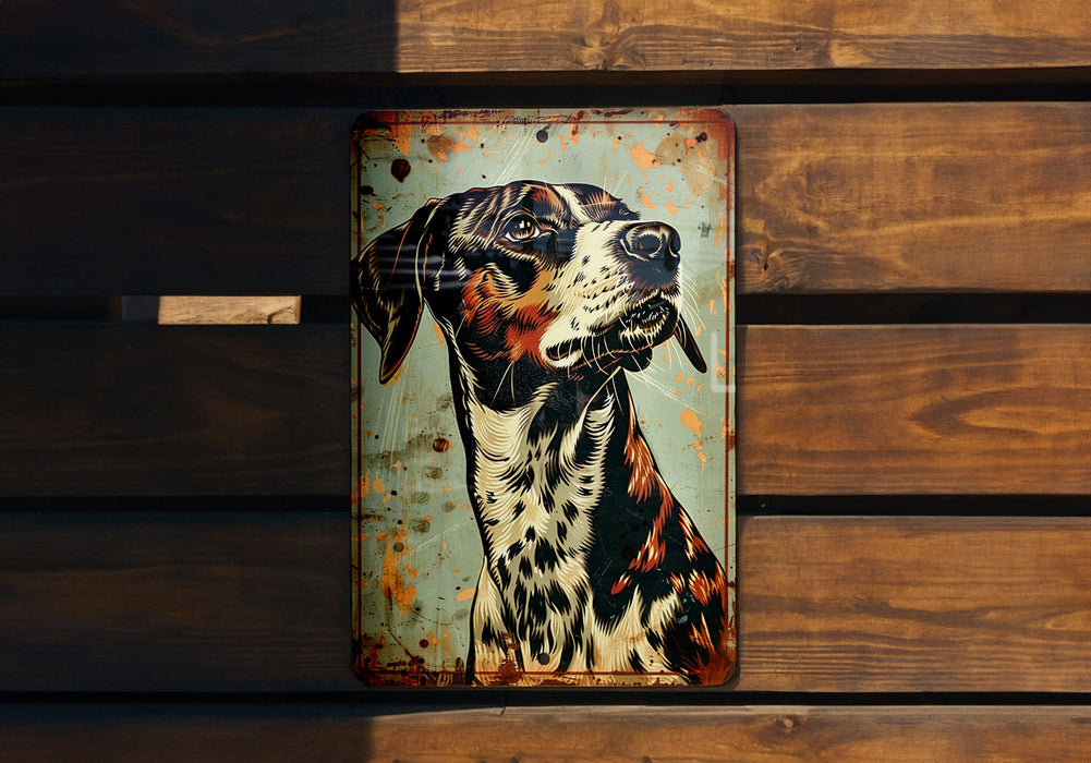 a metal sign with a dog painted on it