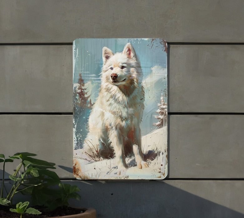 a picture of a white dog on a wall