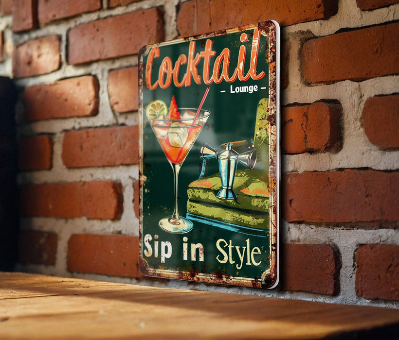 a sign on a brick wall that says cocktail sip in style