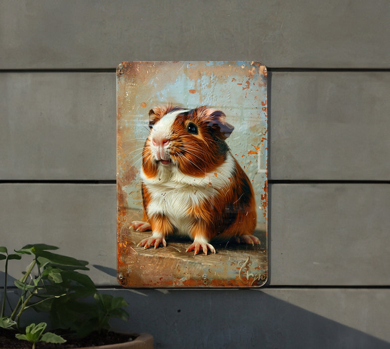a picture of a guinea pig on a rusted metal sign