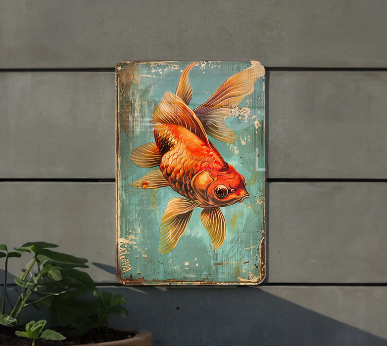 a painting of a goldfish on a blue background