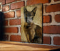 a picture of a cat hanging on a brick wall