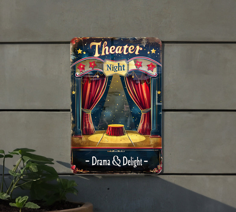 a theater sign hanging from the side of a building