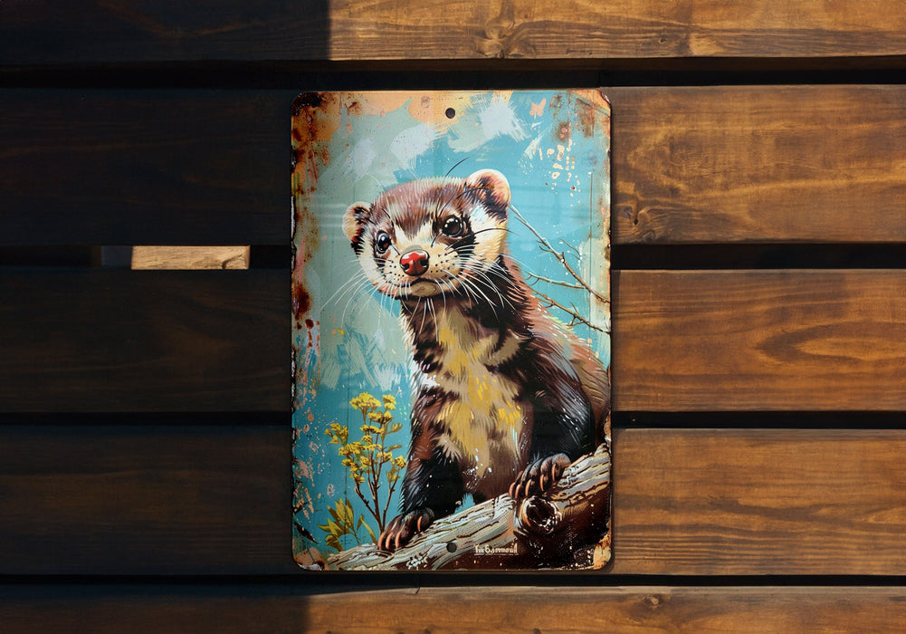 a picture of a ferret on a wooden bench
