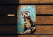 a picture of a ferret on a wooden bench