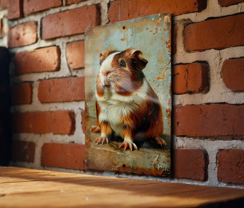 a picture of a guinea pig hanging on a brick wall