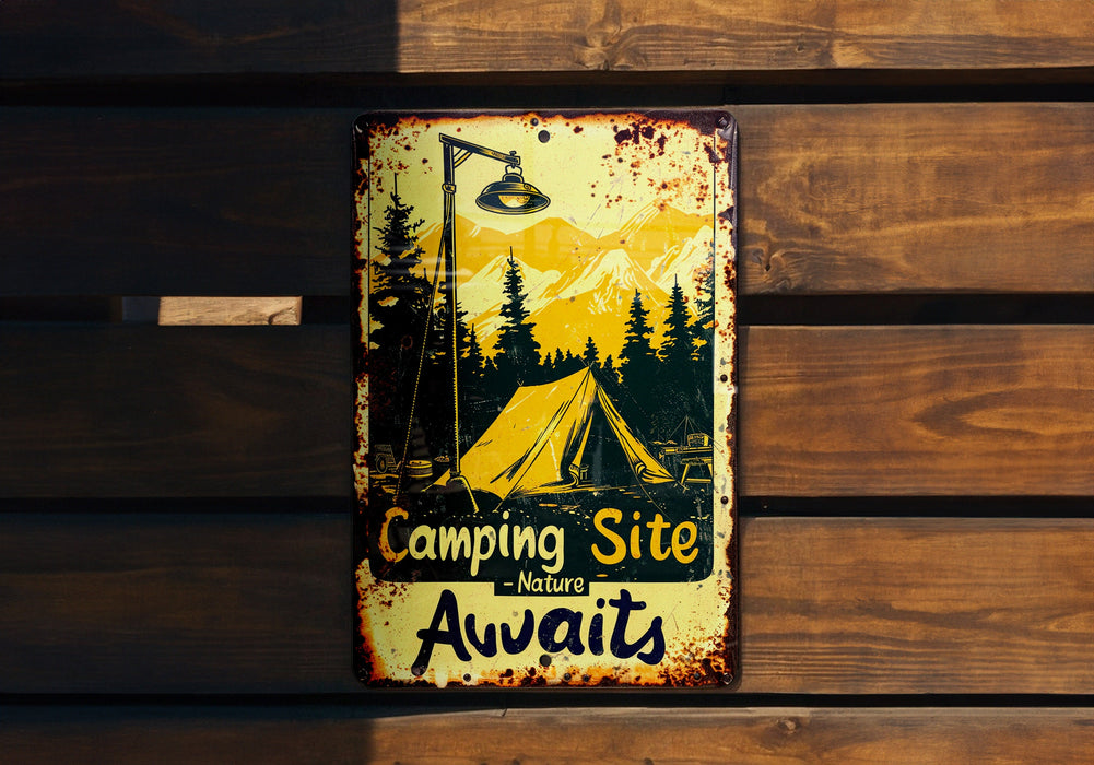 a sign on a wooden wall that says camping site awaits