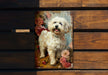 a small white dog with flowers on a wooden bench