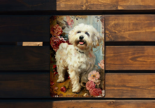 a small white dog with flowers on a wooden bench