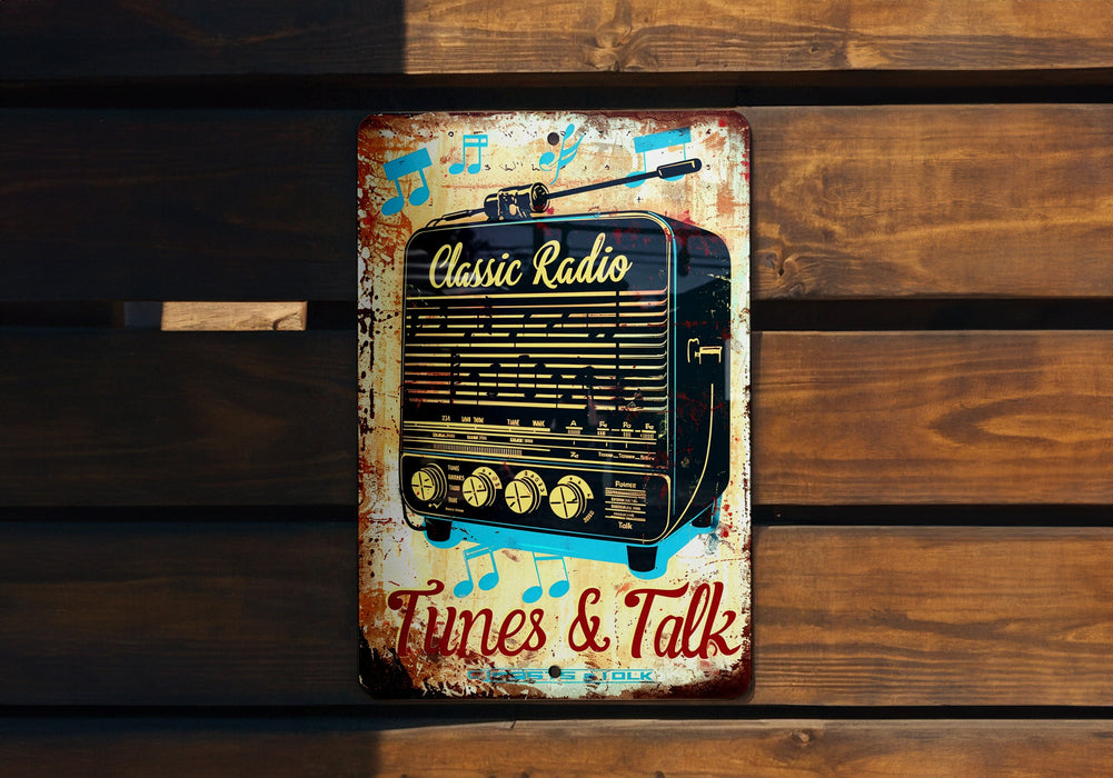 an old radio sitting on top of a wooden bench