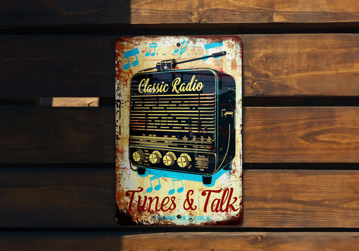 an old radio sitting on top of a wooden bench