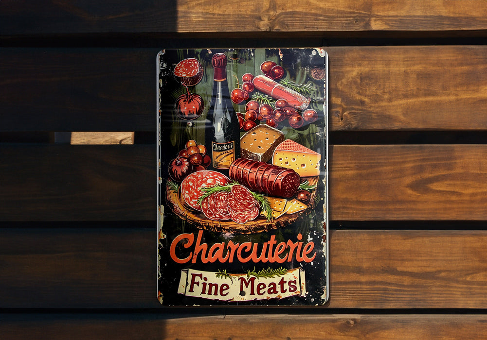 a metal sign on a wooden bench that says charlotte fine meats