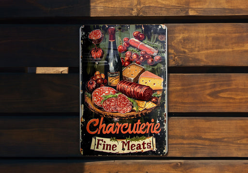 a metal sign on a wooden bench that says charlotte fine meats