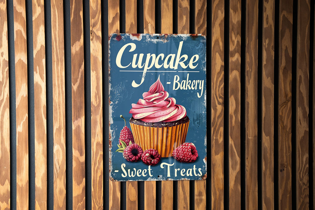 a sign on a wooden wall advertising cupcake bakery